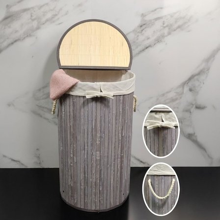 El Yapımı Hasır Katlanır Çamaşır Sepeti Yuvarlak 55 Litre (35cm*35cm*61cm), Doğal Malzemeden Üretilmiş Çamaşırlık (GRİ)