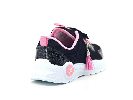 Işıklı Çocuk Spor Ayakkabı, Kalp Desenli, Siyah-Pembe, Tassel Detaylı Tarzox