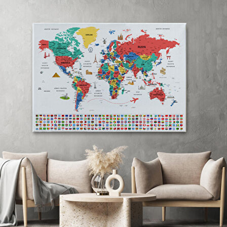 Harita Sepeti Türkçe Dünya Haritası Ayrıntılı Eğitici Sembollü Bayraklı Dekoratif Kanvas Tablo 2866