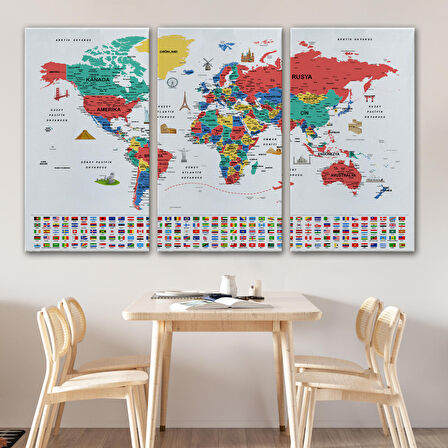 Harita Sepeti Türkçe Dünya Haritası Ayrıntılı Eğitici Sembollü Bayraklı Dekoratif Kanvas Tablo 2866