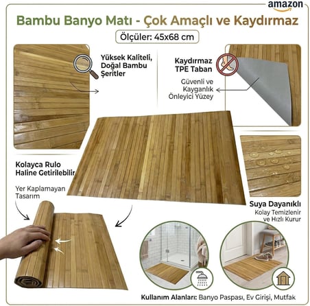 Bambu Banyo Matı, Kaydırmaz TPE Tabanlı, Suya Dayanıklı, Rulo Yapılabilir, 45x68 cm, Banyo ve Mutfak için
