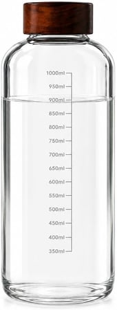 1000 ML Akasya Kapaklı Cam Matara Ölçekli Su Şişesi Sızdırmaz Kapaklı Şeffaf Cam Suluk