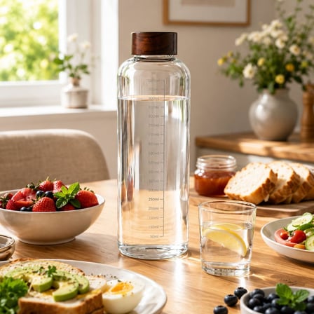 1000 ML Akasya Kapaklı Cam Matara Ölçekli Su Şişesi Sızdırmaz Kapaklı Şeffaf Cam Suluk
