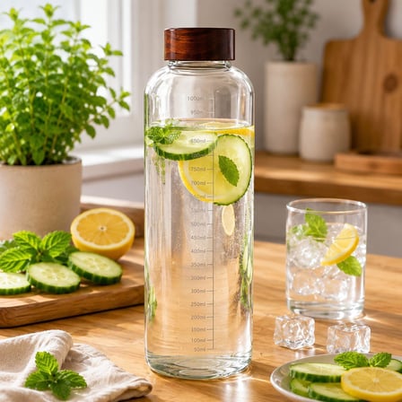 1000 ML Akasya Kapaklı Cam Matara Ölçekli Su Şişesi Sızdırmaz Kapaklı Şeffaf Cam Suluk