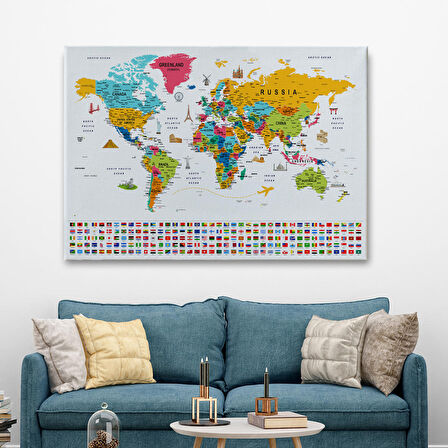 Harita Sepeti Dünya Haritası Ayrıntılı Eğitici Sembollü Bayraklı Dekoratif Kanvas Tablo 2867