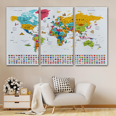 Harita Sepeti Dünya Haritası Ayrıntılı Eğitici Sembollü Bayraklı Dekoratif Kanvas Tablo 2867