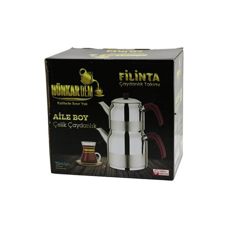 FİLİNTA AİLE BOY ÇELİK ÇAYDANLIK SETİ ÇİFT KAPAKLI RENKLİ BAKALİT KULP ÜST DEMLİK: 1.5LT - ALT SULUK