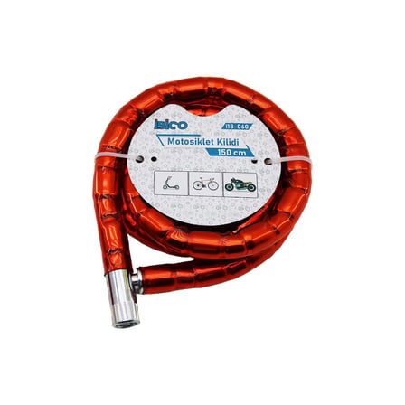 TÜP ANAHTARLI METAL KAFA ÇELİK MOTOR - BİSİKLET KİLİT SİLİNDİRİK SPİRAL KİLİT KIRMIZI KILIF22MM X 15