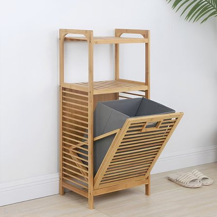 2 ORGANİZER RAFLI - ÇEK AÇ SEPET AHŞAP BAMBU KİRLİ ÇAMAŞIR SEPET 40X35X95CM (2)