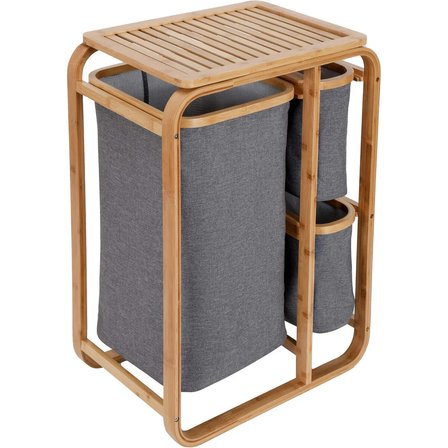KİRLİ ÇAMAŞIR SEPETİ AHŞAP - BAMBU 3 ORGANİZER BÖLMELİ KUMAŞ ÇANTALI 50X30X70CM (2)