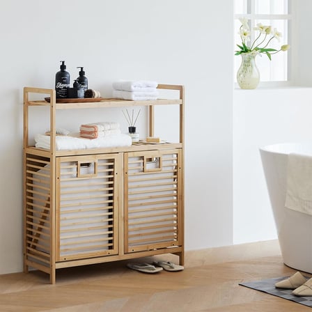 KİRLİ 2 KAT ORGANİZER RAFLI - 2 BÖLMELİ ÖNDEN ÇEK AÇ KALIN AHŞAP BAMBU KİRLİ ÇAMAŞIR SEPETİ 80X33X87