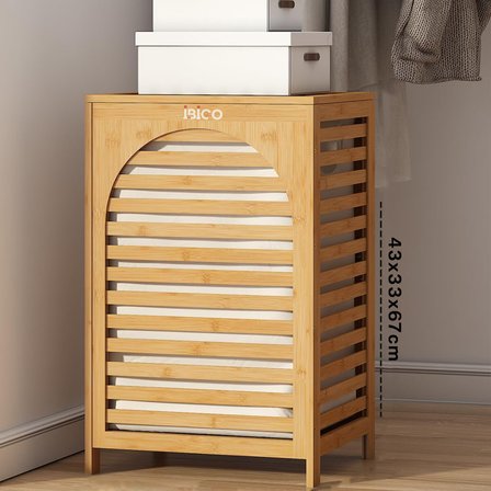 KALIN AHŞAP BAMBU KİRLİ ÇAMAŞIR SEPETİ KUMAŞ ÇANTALI SEPET=43X33X67CM (2)