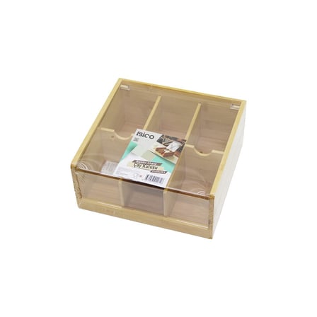 AHŞAP BAMBU 6 BÖLMELİ  POŞET ÇAY KUTUSU MİKA PLASTİK KAPAK  21X20X10CM (2)