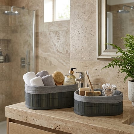 GRİ 2 BOY OVAL BAMBU KENAR ORGANİZER SEPET AHŞAP ALTLIK - BEZLİ 21X14-25X16CM (2)