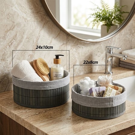 GRİ 2 BOY YUVARLAK BAMBU KENAR ORGANİZER SEPET AHŞAP ALTLIK - BEZLİ ÇAP=22X24CM (2)