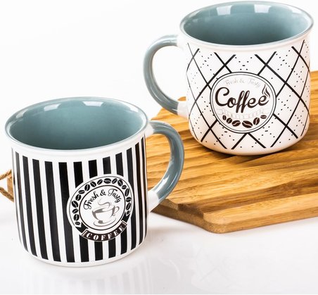 Mukko Home 2'Li Kupa Seti Retro Tarzı Kahve Temalı Porselen Kupa – 350M,Mavi C+D