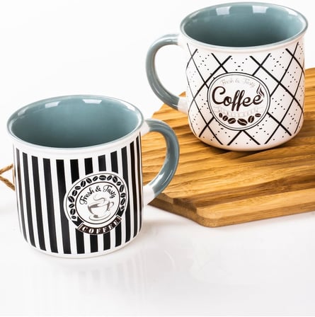 Mukko Home 2'Li Kupa Seti Retro Tarzı Kahve Temalı Porselen Kupa – 350M,Mavi C+D