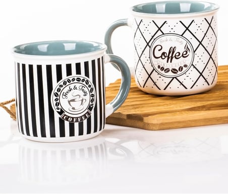 Mukko Home 2'Li Kupa Seti Retro Tarzı Kahve Temalı Porselen Kupa – 350M,Mavi C+D