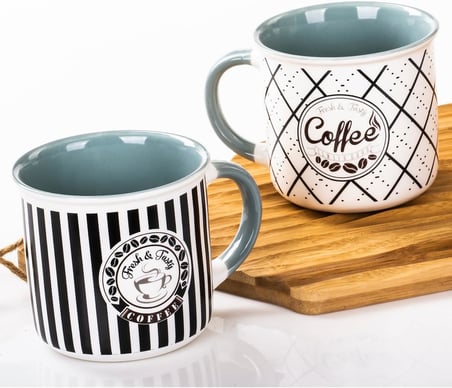Mukko Home 2'Li Kupa Seti Retro Tarzı Kahve Temalı Porselen Kupa – 350M,Mavi C+D