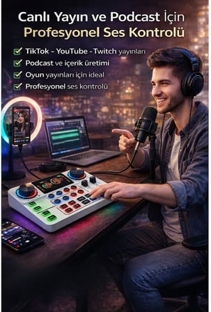 Canlı Yayın Ses Kartı Bluetooth Podcast Ses Mikseri, 12 Ses Efekti ve Voice Changer Özellikli, 3.5mm Stereo Çıkışlı, 800mAh Bataryalı Ses Kartı TikTok YouTube Yayın ve Podcast İçin