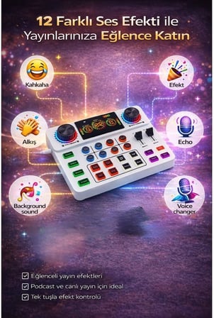 Canlı Yayın Ses Kartı Bluetooth Podcast Ses Mikseri, 12 Ses Efekti ve Voice Changer Özellikli, 3.5mm Stereo Çıkışlı, 800mAh Bataryalı Ses Kartı TikTok YouTube Yayın ve Podcast İçin