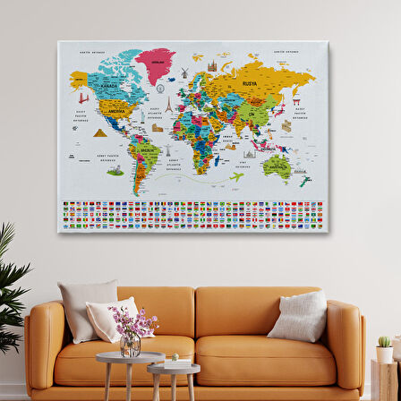 Harita Sepeti Türkçe Dünya Haritası Ayrıntılı Eğitici Sembollü Bayraklı Dekoratif Kanvas Tablo 2868