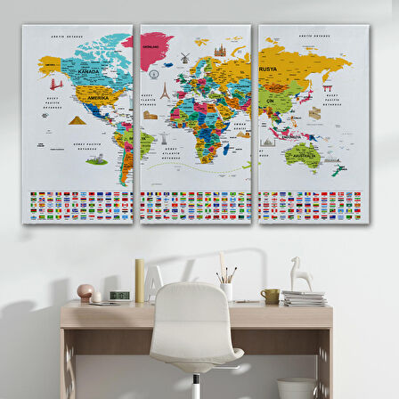 Harita Sepeti Türkçe Dünya Haritası Ayrıntılı Eğitici Sembollü Bayraklı Dekoratif Kanvas Tablo 2868