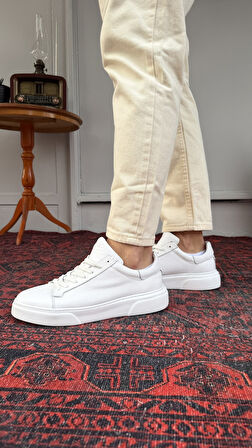 Yüksek Taban Beyaz Deri Ayakkabı