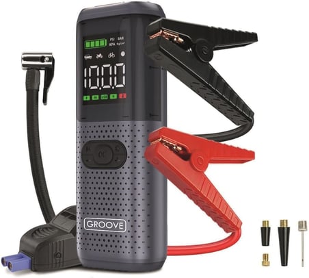 GROOVE HCB002 24400mAh 3000A Tepe Akımı Profesyonel Akü Takviye Cihazı + Lastik Şişirme Kompresörü Taşınabilir Jump Starter (Kompresör+Powerbank+Led Lamba+LCD Ekran) Benzinli ve Dizel Araçlar için