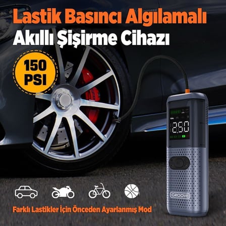 GROOVE HCB002 24400mAh 3000A Tepe Akımı Profesyonel Akü Takviye Cihazı + Lastik Şişirme Kompresörü Taşınabilir Jump Starter (Kompresör+Powerbank+Led Lamba+LCD Ekran) Benzinli ve Dizel Araçlar için