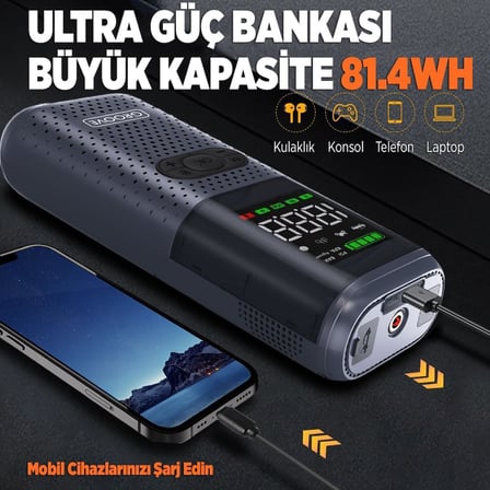 GROOVE HCB002 24400mAh 3000A Tepe Akımı Profesyonel Akü Takviye Cihazı + Lastik Şişirme Kompresörü Taşınabilir Jump Starter (Kompresör+Powerbank+Led Lamba+LCD Ekran) Benzinli ve Dizel Araçlar için