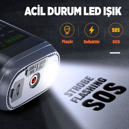 GROOVE HCB002 24400mAh 3000A Tepe Akımı Profesyonel Akü Takviye Cihazı + Lastik Şişirme Kompresörü Taşınabilir Jump Starter (Kompresör+Powerbank+Led Lamba+LCD Ekran) Benzinli ve Dizel Araçlar için