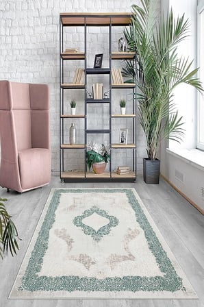Pelangi Yeşil Çerçeve Osmanlı Motifler Yıkanabilir Kaymaz Taban Leke Tutmaz Modern Salon Halısı Ve Yolluk, Yeşil 80 x 200