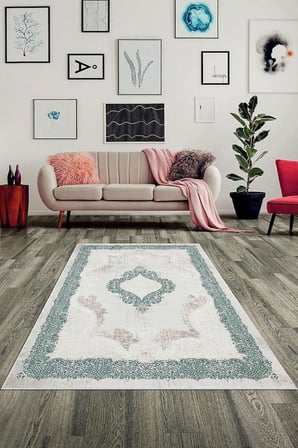 Pelangi Yeşil Çerçeve Osmanlı Motifler Yıkanabilir Kaymaz Taban Leke Tutmaz Modern Salon Halısı Ve Yolluk, Yeşil 80 x 200