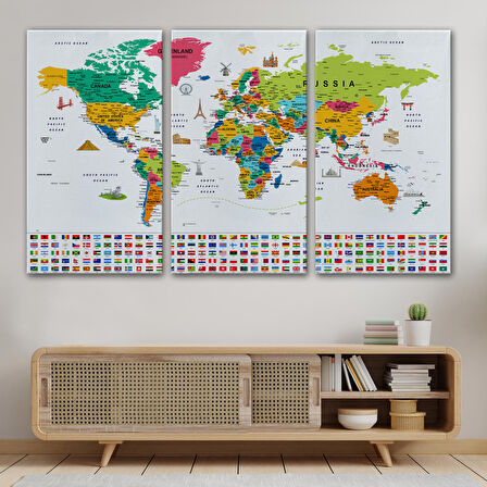 Harita Sepeti Dünya Haritası Ayrıntılı Eğitici Sembollü Bayraklı Dekoratif Tablo2869