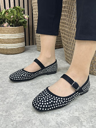 Günlük Kadın Babet Ayarlanabilir Tokalı Tek Bant Kısa Topuk Küt Burun Taşlı Ayakkabı 287