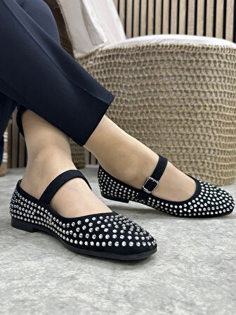 Günlük Kadın Babet Ayarlanabilir Tokalı Tek Bant Kısa Topuk Küt Burun Taşlı Ayakkabı 287