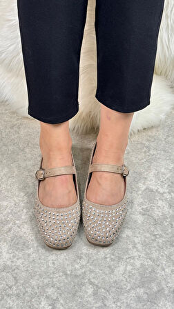 Günlük Kadın Babet Ayarlanabilir Tokalı Tek Bant Kısa Topuk Küt Burun Taşlı Ayakkabı 287