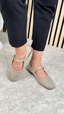 Günlük Kadın Babet Ayarlanabilir Tokalı Tek Bant Kısa Topuk Küt Burun Taşlı Ayakkabı 287