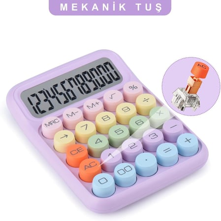 Renkli Çok Şirin 12 Hane Mekanik Hesap Makinası Büyük Ekranlı 4 Fonksiyonlu Ev Ofis Okul Mor