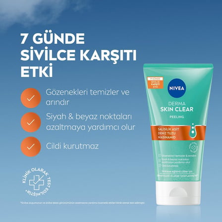 Derma Skin Clear Sivilce Karşıtı Yüz Temizleyici Peeling 150ml, Gözenek Arındırıcı,Siyah Nokta Azaltır,Salisilik Asit,Deniz Tuzu, Niasinamid