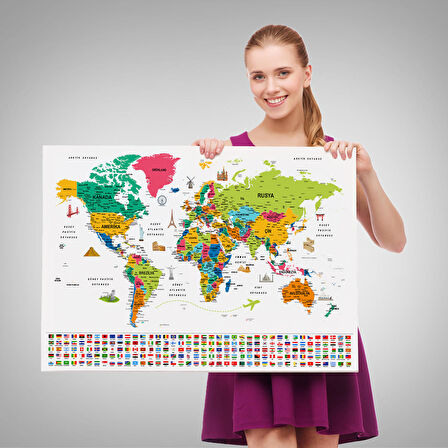 Harita Sepeti Türkçe Dünya Haritası Eğitici-Öğretici Sembollü Bayraklı Dekoratif Kanvas Tablo 2870