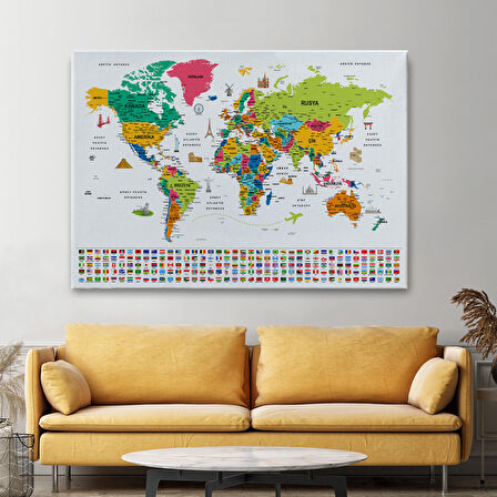 Harita Sepeti Türkçe Dünya Haritası Eğitici-Öğretici Sembollü Bayraklı Dekoratif Kanvas Tablo 2870