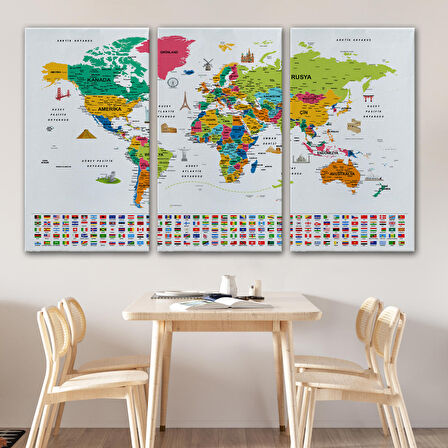 Harita Sepeti Türkçe Dünya Haritası Eğitici-Öğretici Sembollü Bayraklı Dekoratif Kanvas Tablo 2870