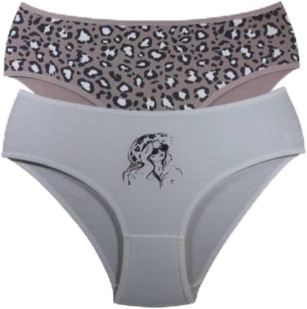 Büyük Beden Pamuklu Külot Leopar Desenli Ve Kız Figürlü 2'Li Paket Hipster Yüksel Bel