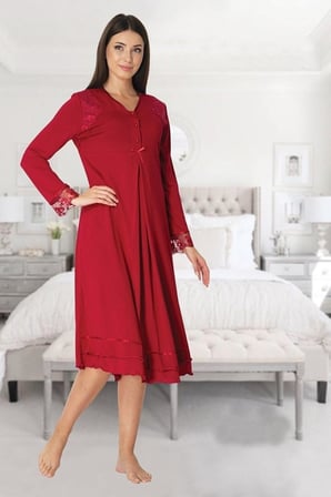 Kadın Bordo Dantelli Hamile Lohusa Gecelik, M, EFW2423EF-869BST0016918