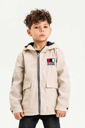 Kapüşonlu Fermuarlı Nakış Süslemeli Su Geçirmez Erkek Çocuk Ceket