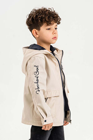 Kapüşonlu Fermuarlı Nakış Süslemeli Su Geçirmez Erkek Çocuk Ceket