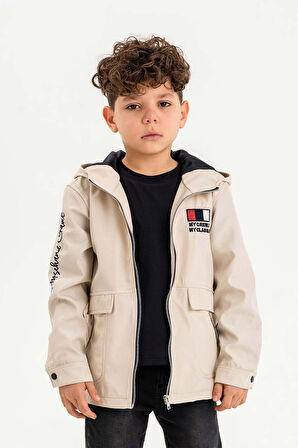 Kapüşonlu Fermuarlı Nakış Süslemeli Su Geçirmez Erkek Çocuk Ceket