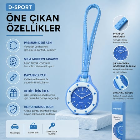 D-SPORT Boyol Pop Çanta Süsü Anahtarlık Saat Premium Deri Askılı Dekoratif Aksesuar